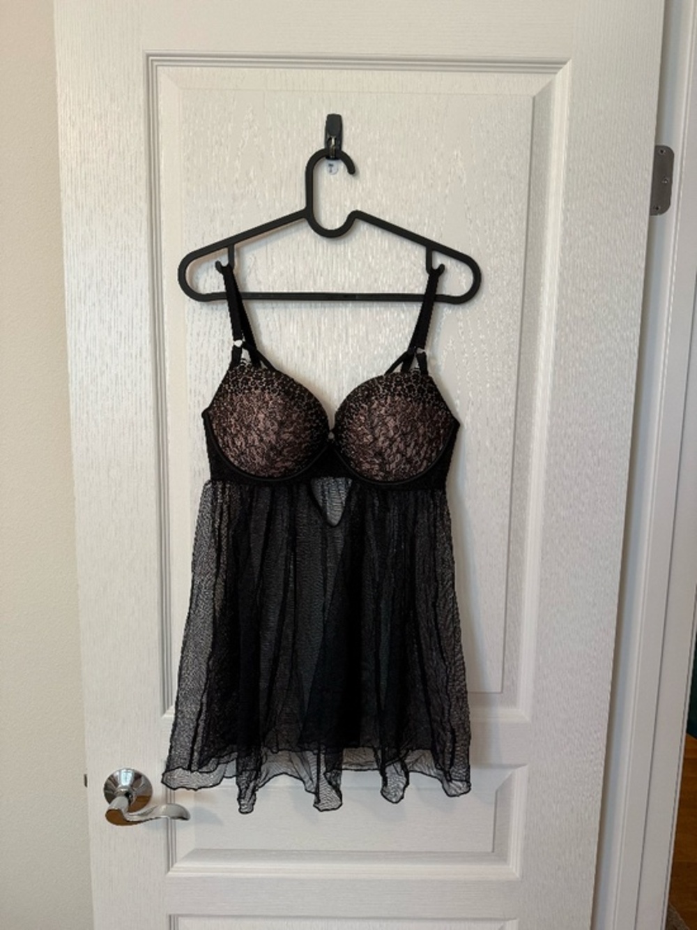 Victoria's Secret Black Lace Push-Up Babydoll Chemise Sheer Mesh Underwire 36D